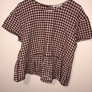Madewell Black and White Checkered Short Sleeve Peplum Blouse